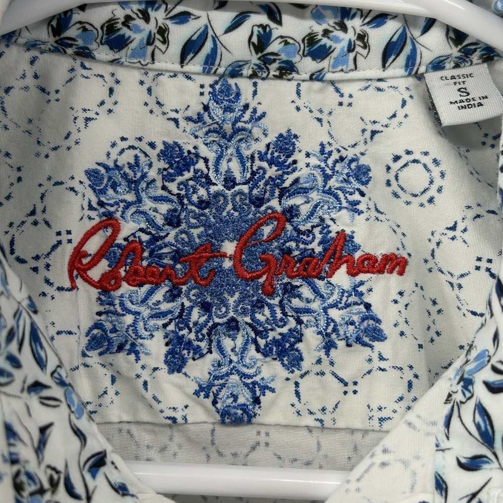 Robert Graham Shirt Men Size Small White Blue Geometric Flip Cuff Casual - Picture 5 of 11